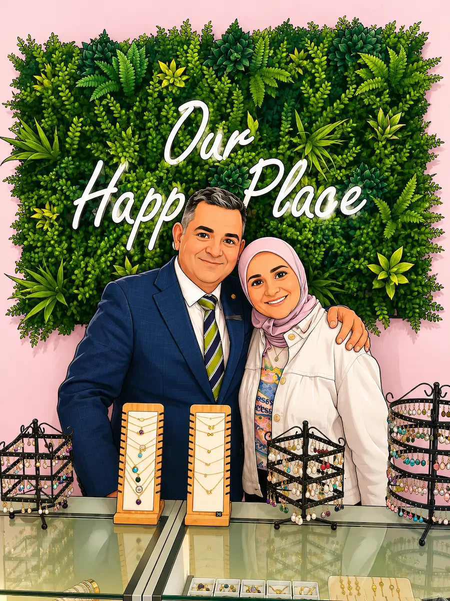 Illustration of a man and woman standing behind jewelry display cases with greenery and 'Our Happy Place' text in the background.