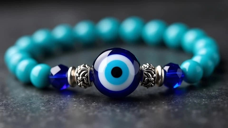 Turquoise beaded bracelet with an evil eye charm on a dark surface