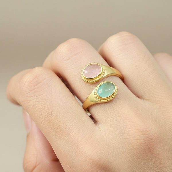 Adjustable Aqua and pink chalcedony Ring - Saras Beads & Jewellery