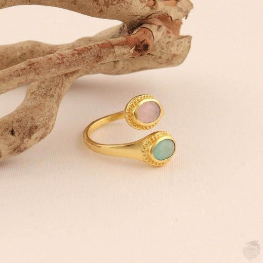 Adjustable Aqua and pink chalcedony Ring - Saras Beads & Jewellery