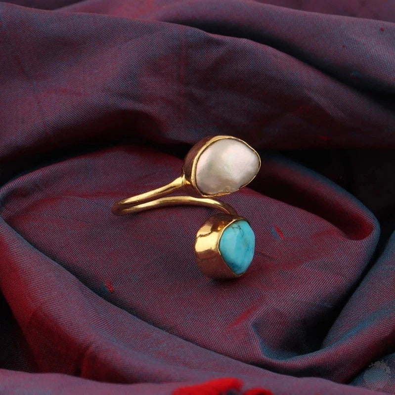 Adjustable Turquoise and Pearl Ring