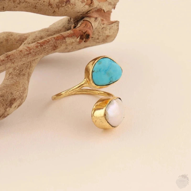 Adjustable Turquoise and Pearl Ring