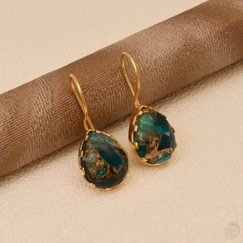 Gold Plated Mohave Gemstone Hook Earrings - Gold Plated Blue Copper Turquoise Rectangular