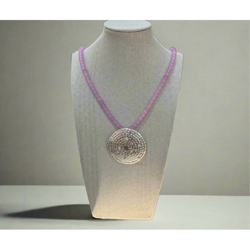 Artisanal Elegance: Handcrafted Pink Beaded Necklace with Intricate Silver Pendant