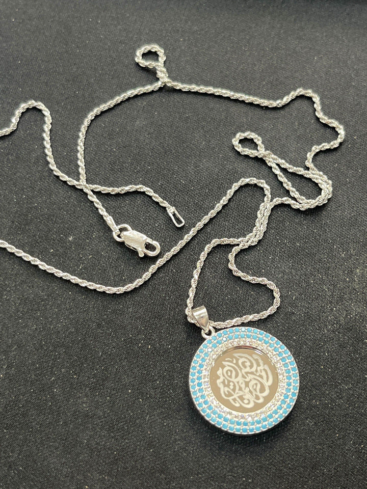 Bismillah Al-Rahman Al-Raheem necklace featuring radiant turquoise & diamond zirconia - Saras Beads & Jewellery