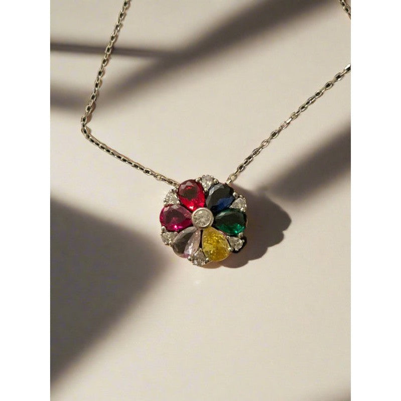 Chromatic Bloom: Sterling Silver Flower Necklace