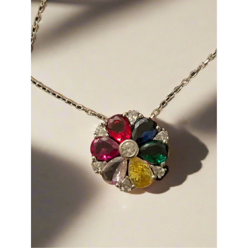 Chromatic Bloom: Sterling Silver Flower Necklace