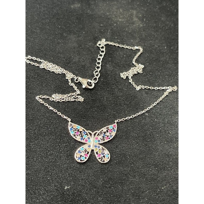 Colorful Butterfly Charisma: Rhodium-Plated Sterling Silver Necklace