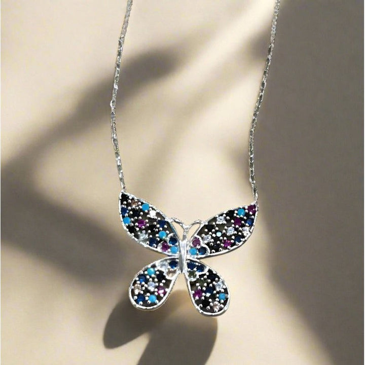 Colorful Butterfly Charisma: Rhodium-Plated Sterling Silver Necklace