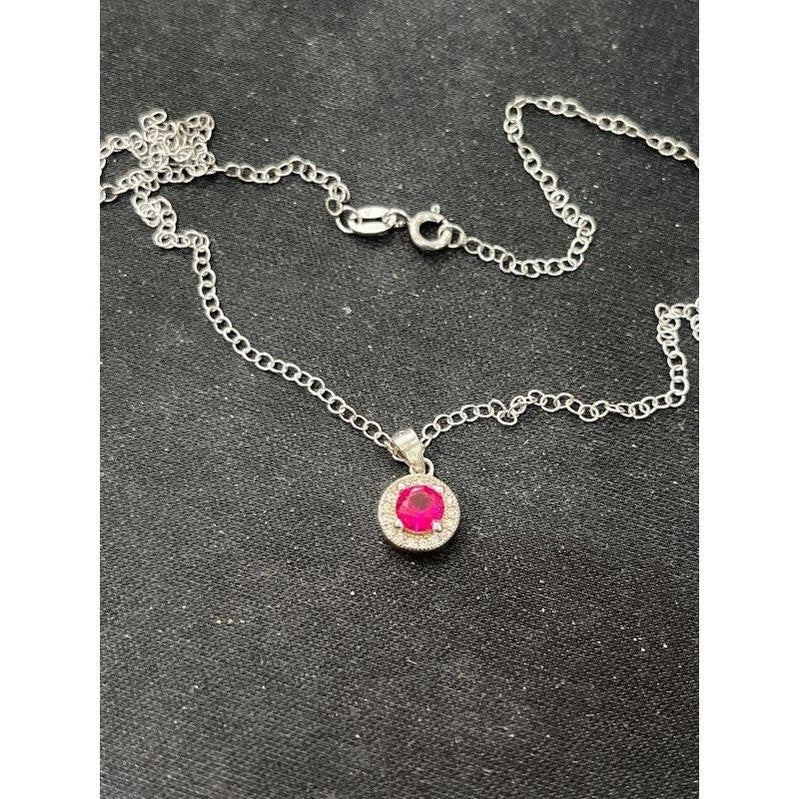 Crimson Essence: Sterling Silver Round Necklace with Small Red Stone