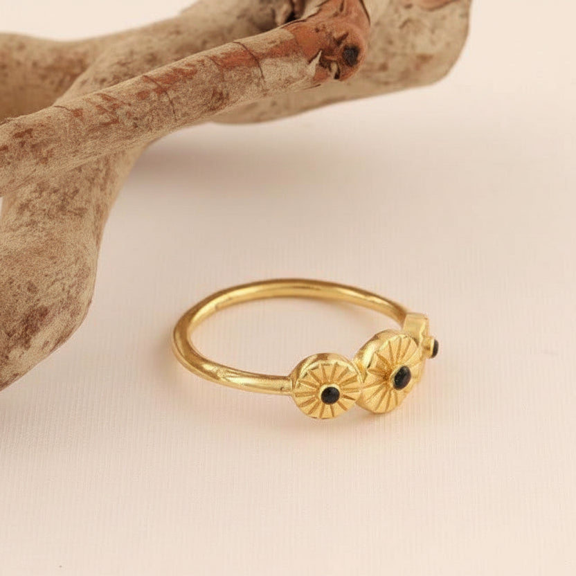 Delicate Adjustable Three Black Onyx Stones Ring