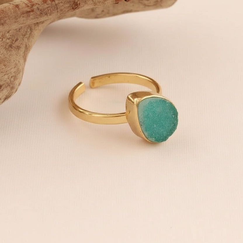 Gold Plated Green Druzy Teardrop Ring