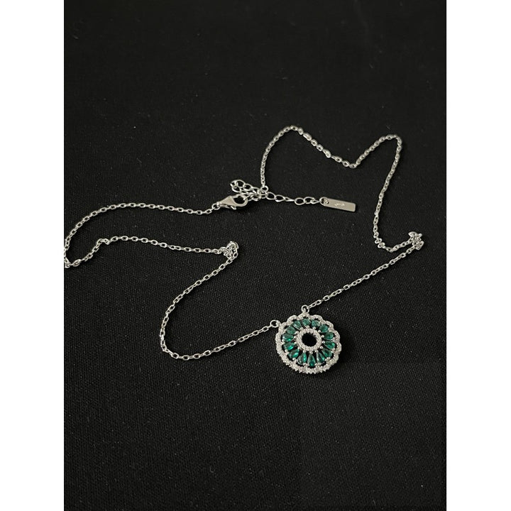 Elegant Green Orbit Baguette Necklace in Sterling Silver