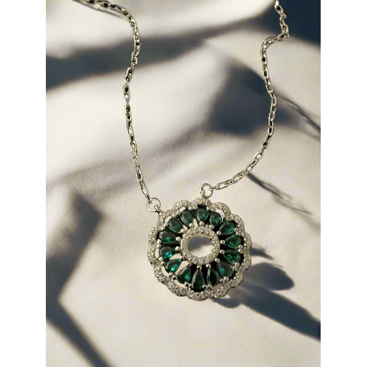 Elegant Green Orbit Baguette Necklace in Sterling Silver