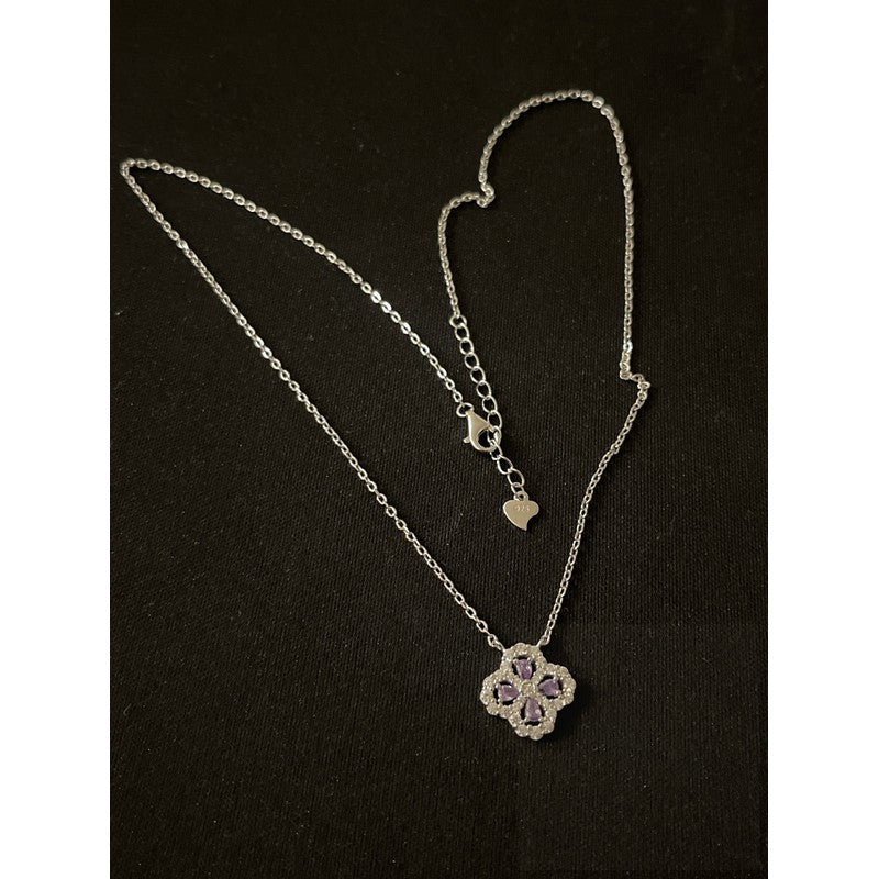 Elegant Sterling Silver Flower Necklace with Purple Zirconia