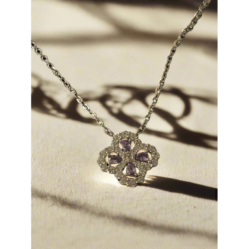 Elegant Sterling Silver Flower Necklace with Purple Zirconia