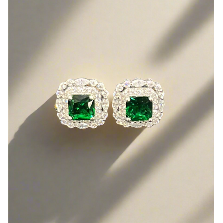 Elegant Sterling Silver Stud Earrings with Emerald and Zirconia Accents