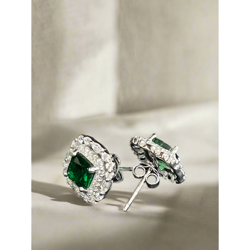 Elegant Sterling Silver Stud Earrings with Emerald and Zirconia Accents