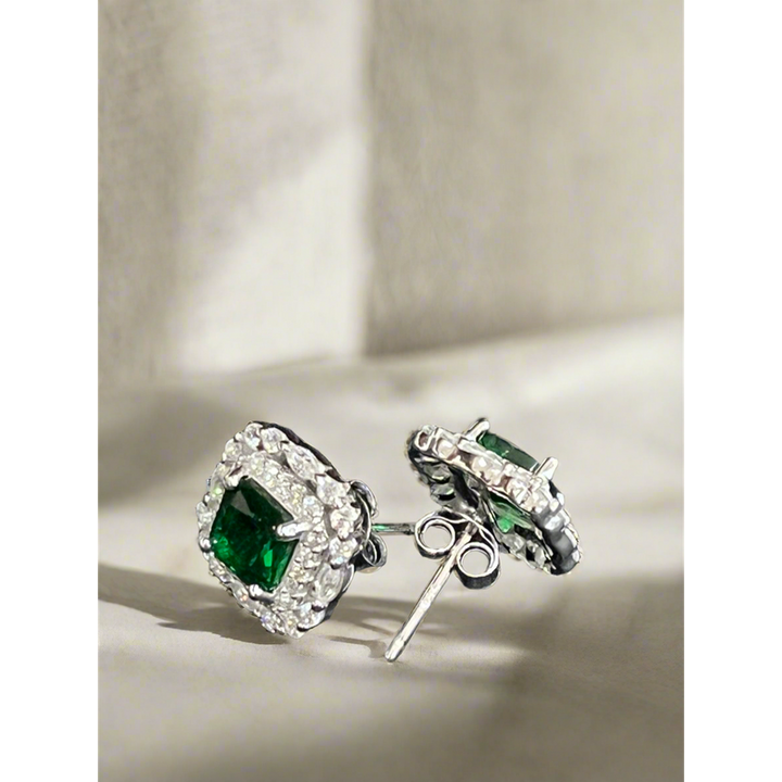 Elegant Sterling Silver Stud Earrings with Emerald and Zirconia Accents