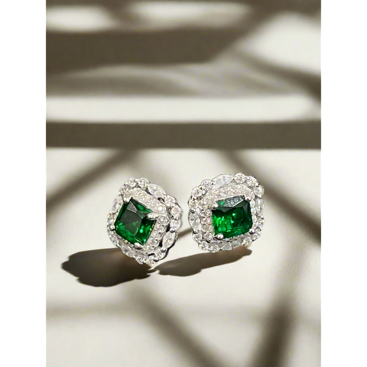 Elegant Sterling Silver Stud Earrings with Emerald and Zirconia Accents