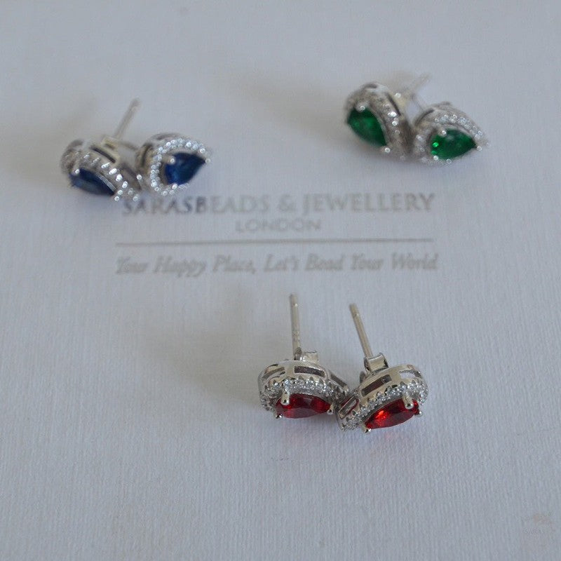 Elegant Sterling Silver Tear Drop Studs with Semi-Precious Stones