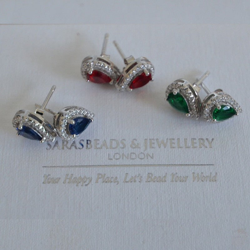 Elegant Sterling Silver Tear Drop Studs with Semi-Precious Stones