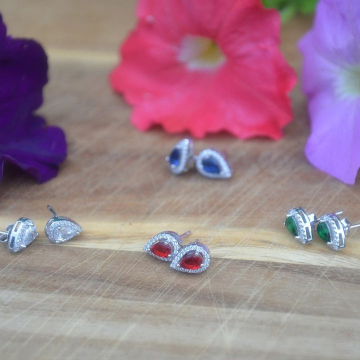 Elegant Sterling Silver Tear Drop Studs with Semi-Precious Stones