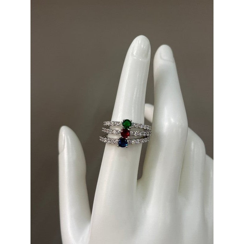 Elegant Zirconia Sterling Silver Ring with Sapphire, Emerald & Ruby