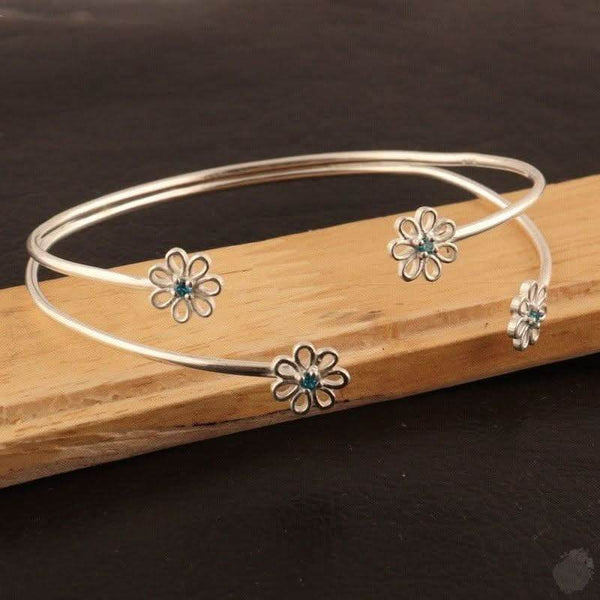 Emerald or a Blue Topaz Four Daisies Bangle - Sterling Silver - Saras Beads & Jewellery