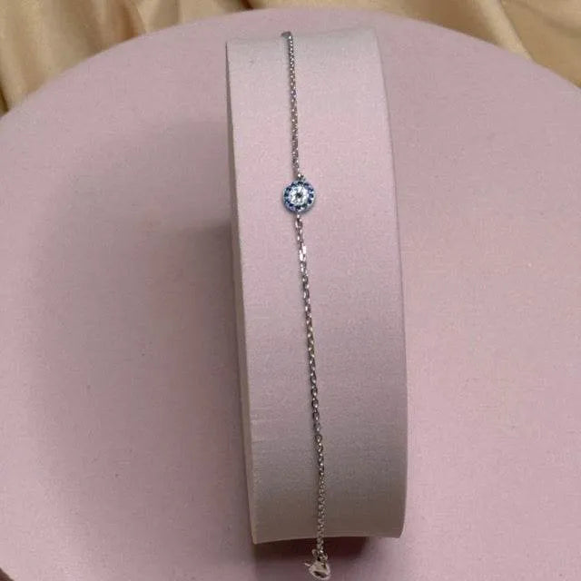 Tiny Evil Eye Bracelet with Aquamarine and Sapphire Zirconia - Saras Beads & Jewellery