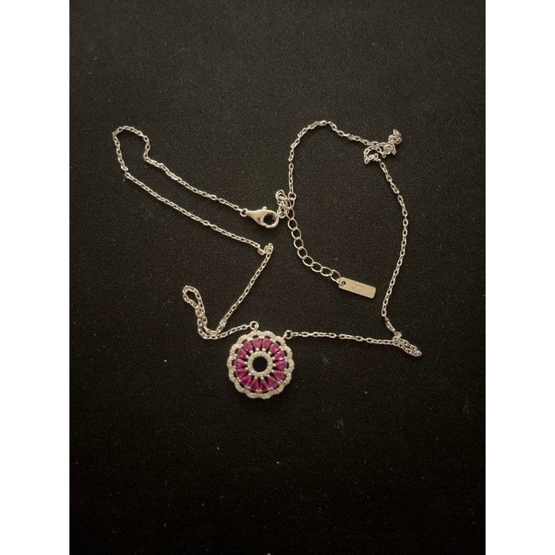 Exquisite Sterling Silver Necklace with Fushia Gemstone Halo Pendant