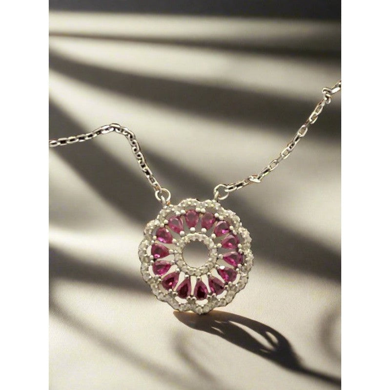 Exquisite Sterling Silver Necklace with Fushia Gemstone Halo Pendant