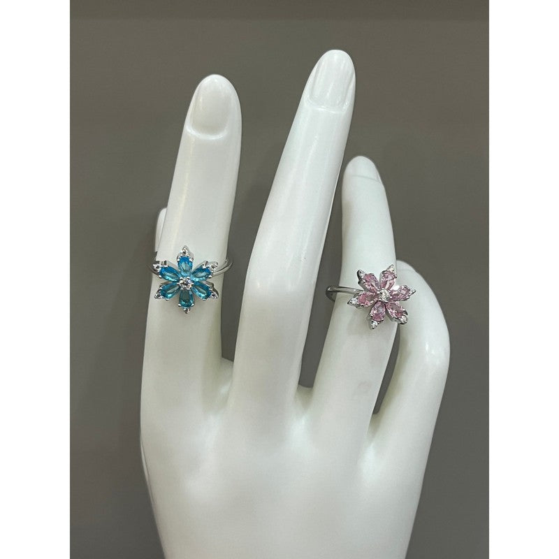 Floral Elegance: Sterling Silver Ring with Turquoise and Pink Accents