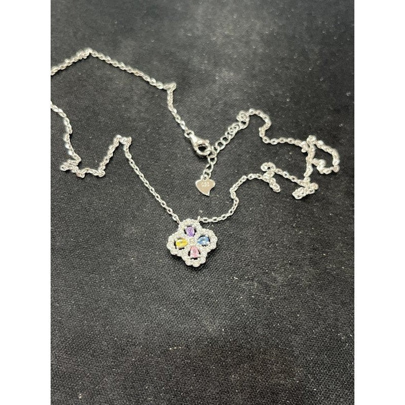 Floral Symphony: Sterling Silver Necklace with Pink, Blue, Purple, and Yellow Flowers