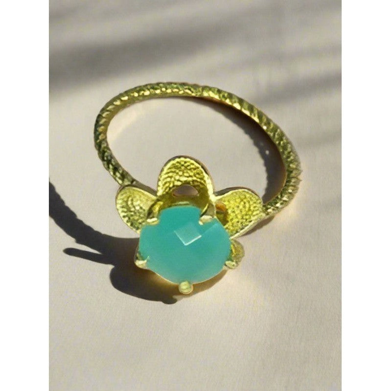 Garden Splendor: Handcrafted 18 Karat Gold-Plated Aqua Chalcedony Flower Ring