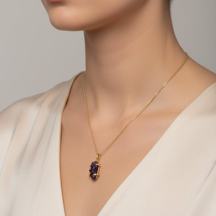 Gold Plated Dark Amethyst Pendant Necklace