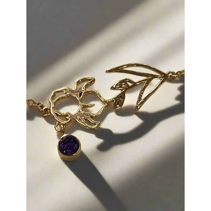 Gold-Plated Necklace with February Amethyst Birthstone and Violet Flower