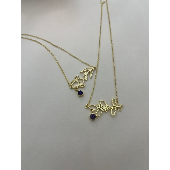 Gold-Plated Necklace with July Ruby Birthstone and Larkspur Flower