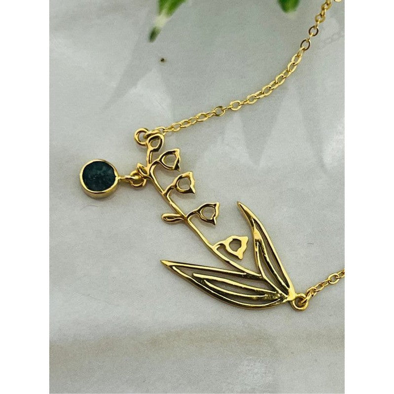 Gold-Plated Necklace with May Emerald Birthstone and Lily of the Valley Flower