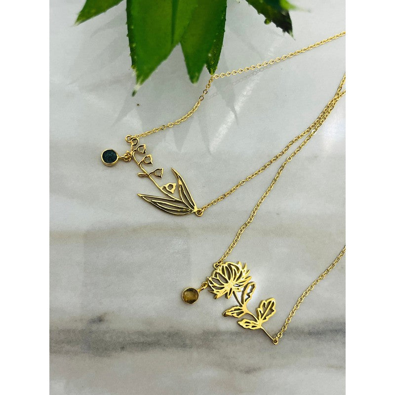 Gold-Plated Necklace with May Emerald Birthstone and Lily of the Valley Flower