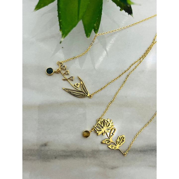 Gold-Plated Necklace with May Emerald Birthstone and Lily of the Valley Flower