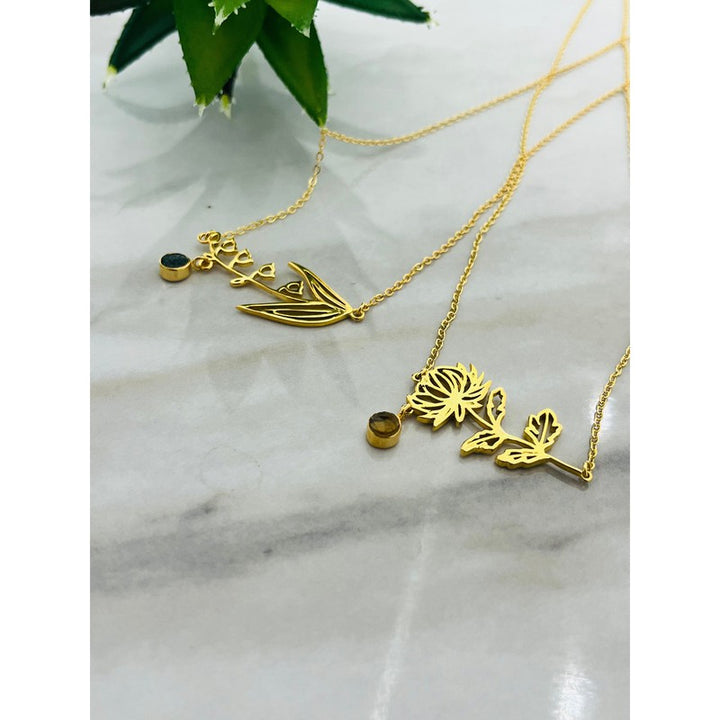 Gold-Plated Necklace with May Emerald Birthstone and Lily of the Valley Flower