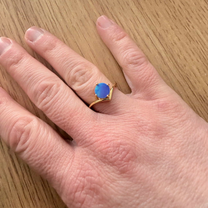 Gold Plated Round Blue Opal Ring - 6.5