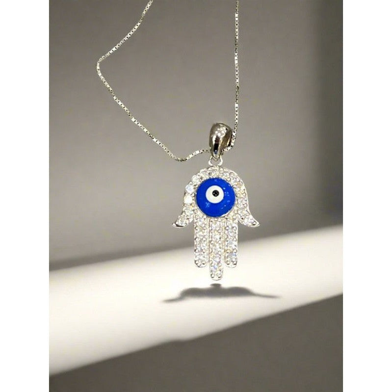 Hamsa Hand with Eye: Rhodium-Plated Sterling Silver Necklace