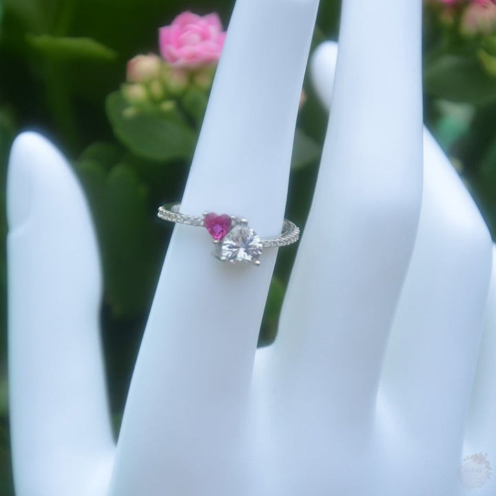 Heart-Shaped Sterling Silver Ring with Dual-Coloured Zircon Stones