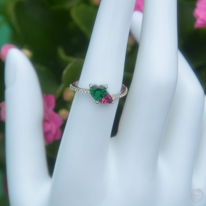 Heart-Shaped Sterling Silver Ring with Dual-Coloured Zircon Stones