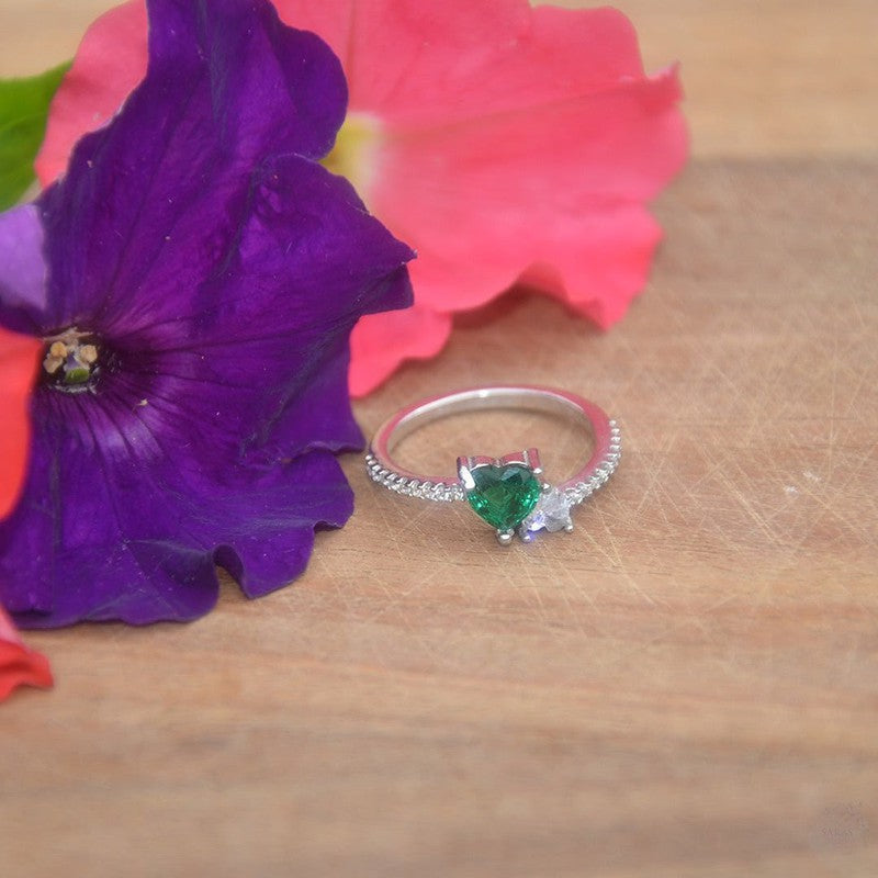 Heart-Shaped Sterling Silver Ring with Dual-Coloured Zircon Stones