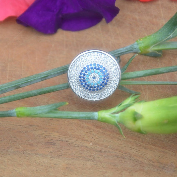 Multicoloured Zircon Round Evil Eye Silver Ring