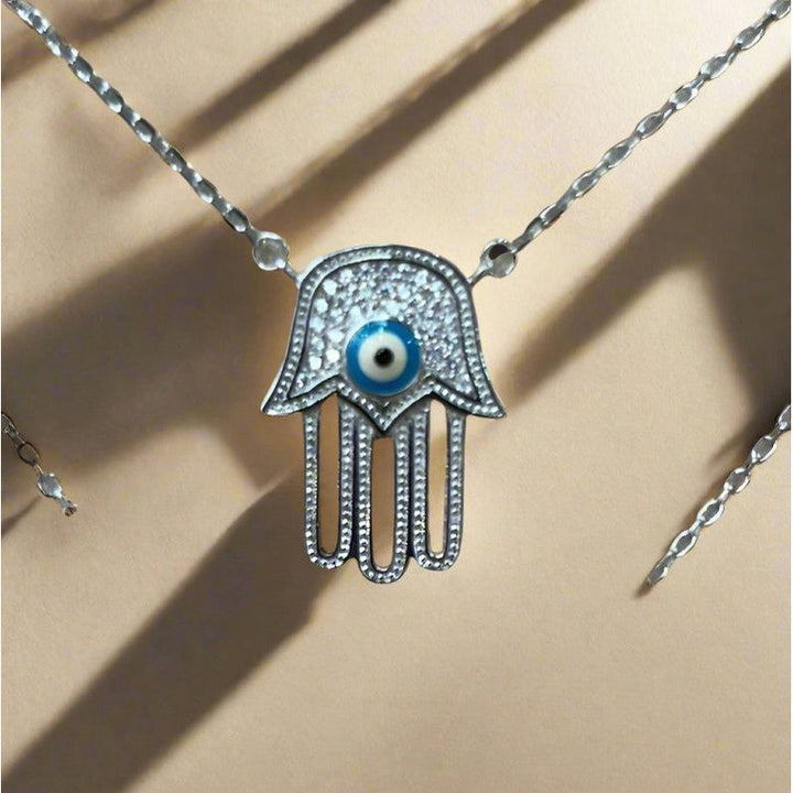 Mystical Gaze: Rhodium-Plated Sterling Silver Hand with Eye Necklace