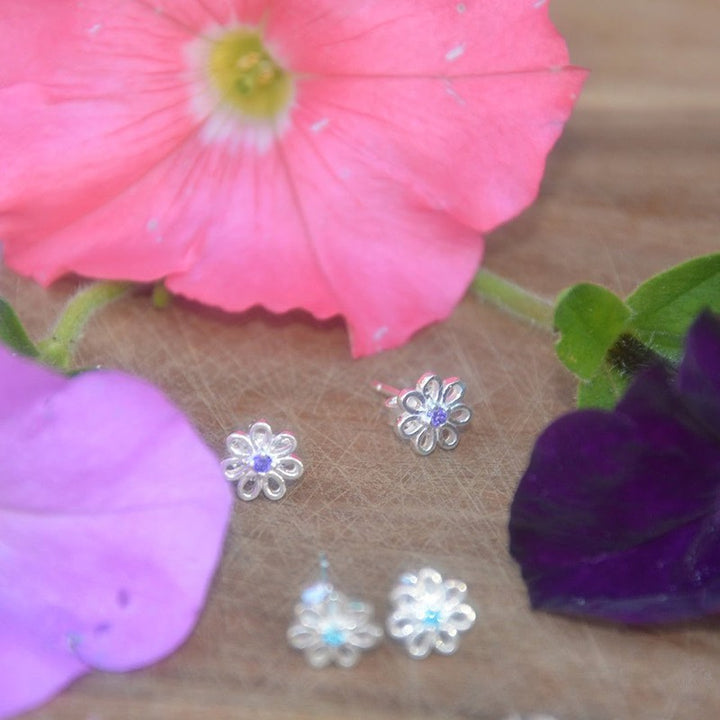 Silver Hexagon Stud Earring with Central Gem